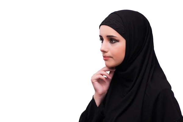 Muslimische Frau in schwarzem Kleid isoliert auf weißem Grund — Stockfoto