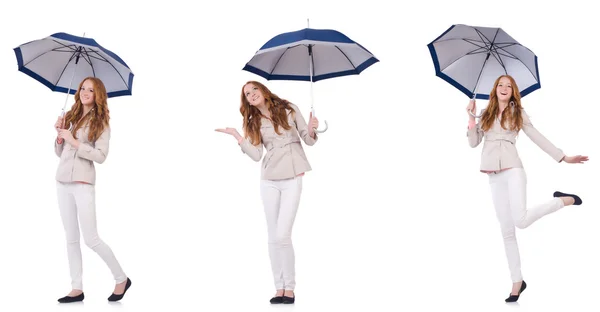 Mujer joven con paraguas en blanco — Foto de Stock