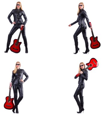 Beyaz tenli gitar çalan genç bir kadın.