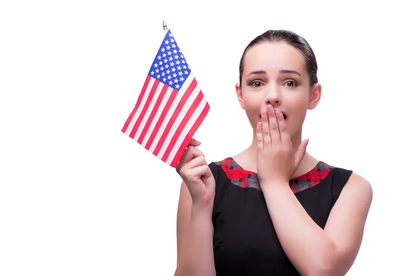 Mujer con bandera americana aislada en blanco —  Fotos de Stock