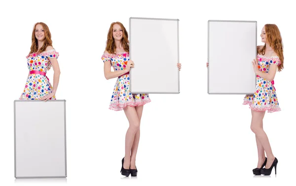 Young woman with blank poster isolated on white — Stock Photo, Image