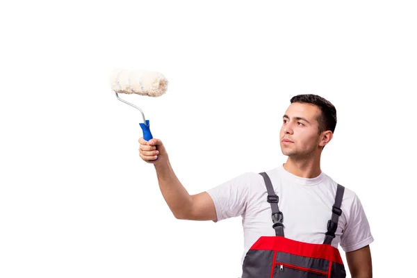 Pintor com escova de rolo isolado em branco — Fotografia de Stock