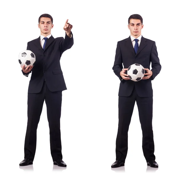 Young businessman with football on white — Stock Photo, Image