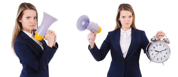 Geschäftsfrau mit Lautsprecher isoliert auf weiß — Stockfoto