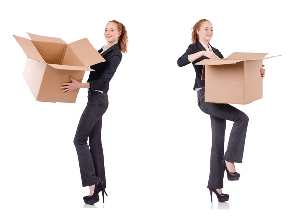 Empresaria con cajas aisladas en blanco — Foto de Stock