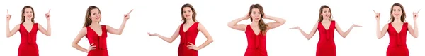 Jovem mulher em vestido vermelho isolado no branco — Fotografia de Stock