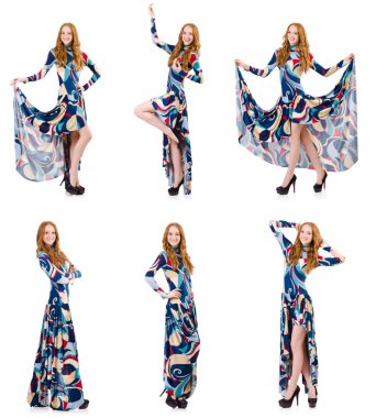 Beyaz elbiseli, mavi elbiseli çekici bir kadın.