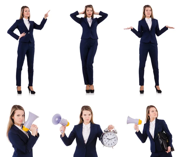 Businesswoman with loudspeaker isolated on white — Stock Photo, Image