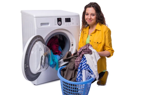 Woman tired after doing laundry isolated on white — Stock Photo, Image