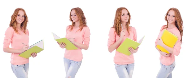 Junge Studentin mit Notizbüchern auf weißem Papier — Stockfoto