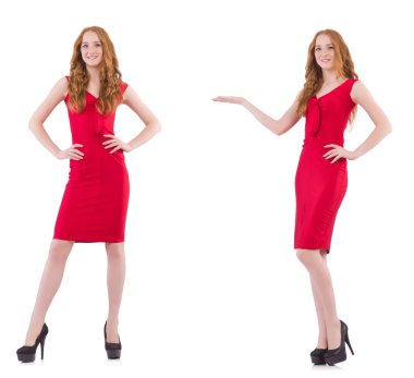 Kırmızı elbiseli güzel bir kız, beyaz tenli.