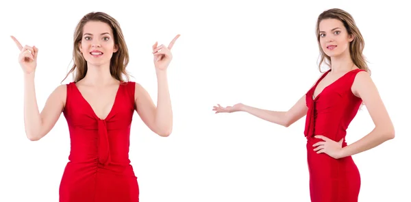 Jeune femme en robe rouge isolé sur blanc — Photo