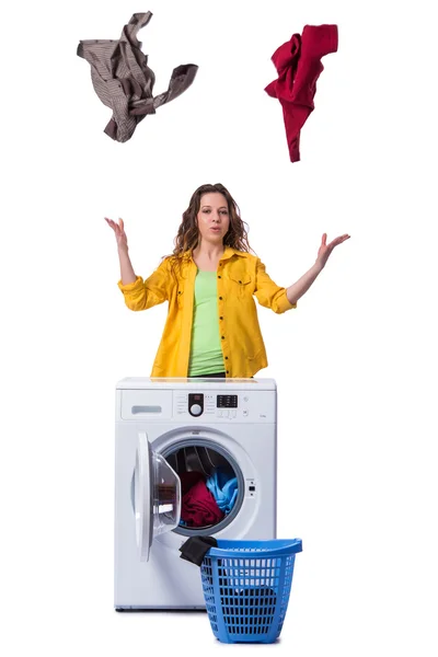 Woman feeling sressed after doing dirty laundry — Stock Photo, Image