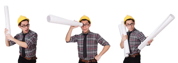 Funny man with blueprints on white — Stock Photo, Image