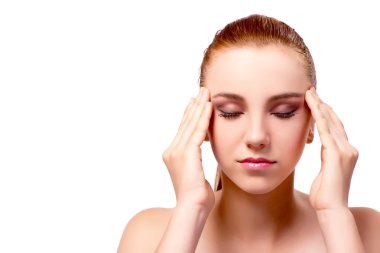 Woman with headache isolated on white