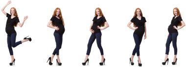 Karmaşık görüntülü hamile kadın beyazda izole edilmiş.