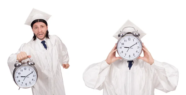 Young man student with clock isolated on white — Stock Photo, Image