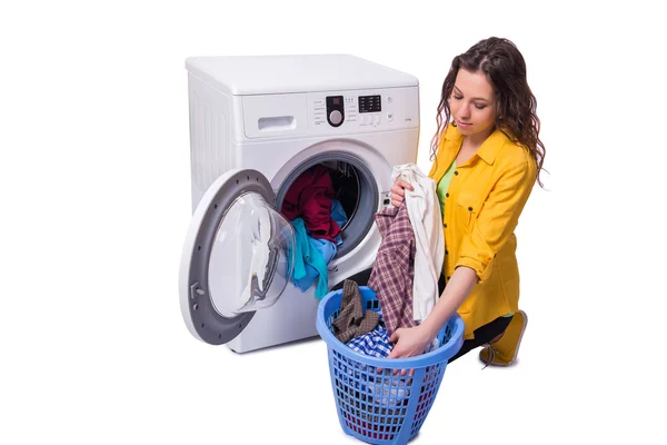 Woman tired after doing laundry isolated on white — Stock Photo, Image