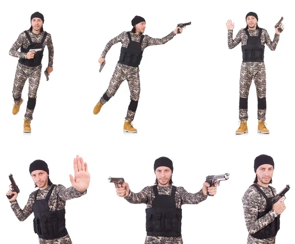 Soldato con pistola isolata su bianco — Foto Stock