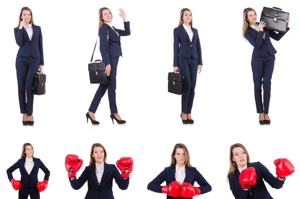 Mujer mujer de negocios con guantes de boxeo en blanco —  Fotos de Stock