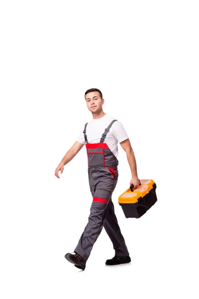 Joven con caja de herramientas aislada en blanco — Foto de Stock