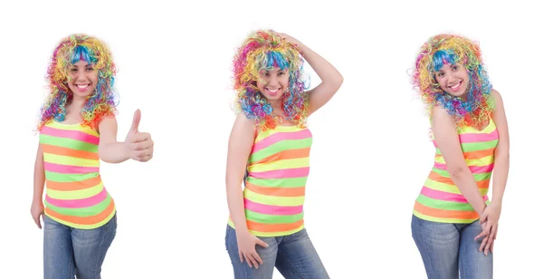 Woman with colourful wig isolated on white — Stock Photo, Image