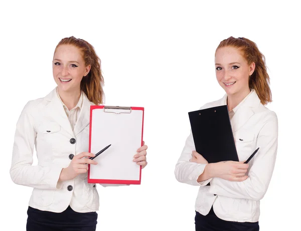 Geschäftsfrau mit Schreibblock isoliert auf weißem Papier — Stockfoto