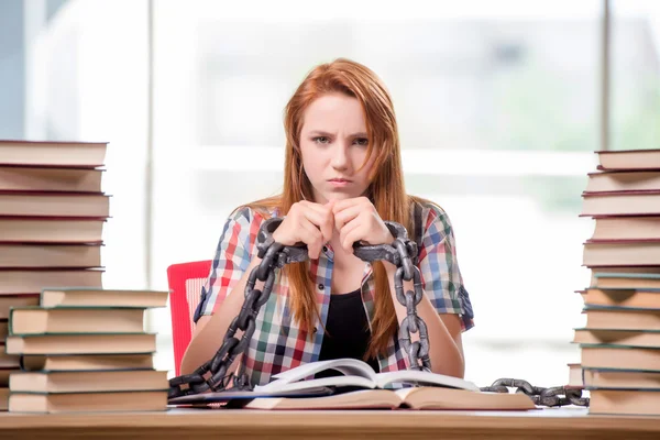 Ung kvinnlig student förbereder sig för tentor — Stockfoto