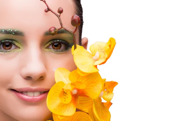 Young woman with orchid flower isolated on white — Stock Photo, Image