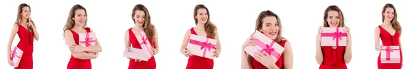 Csinos lány kezében ajándék doboz elszigetelt fehér — Stock Fotó