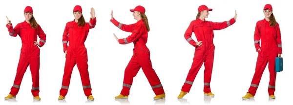 Woman in red overalls isolated on white — Stock Photo, Image