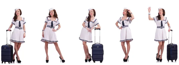 Жінка моряк з валізою ізольовані на білому — стокове фото