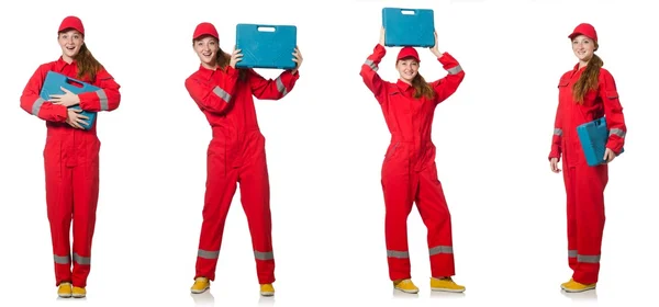 Mulher de macacão vermelho isolado no branco — Fotografia de Stock