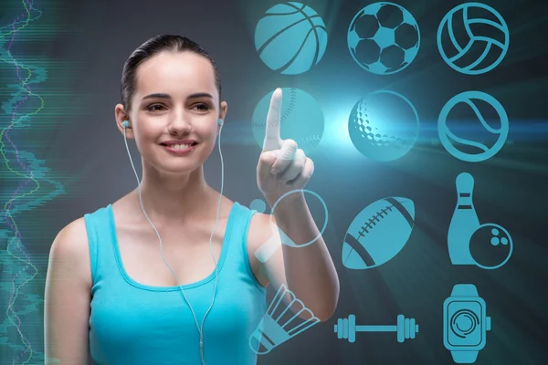 スポーツ コンセプトの仮想ボタンを押すことで若い女の子 — ストック写真