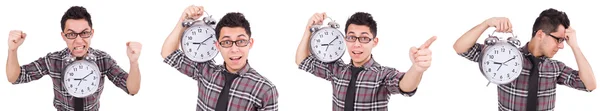 Молодий чоловік з годинником ізольований на білому — стокове фото