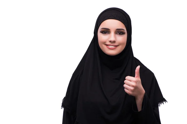 Muslimische Frau in schwarzem Kleid isoliert auf weißem Grund — Stockfoto