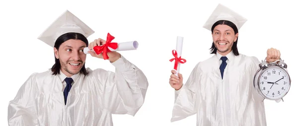 Giovane studente con orologio isolato su bianco — Foto Stock