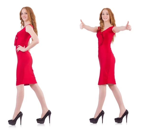 Pretty young girl in red dress isolated on white — Stock Photo, Image