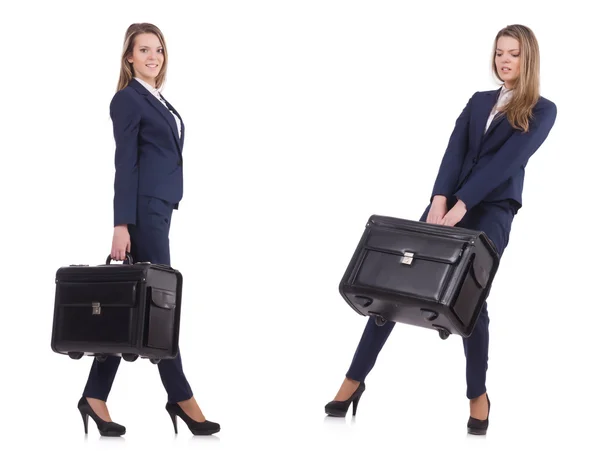 Young businesswoman with suitcase isolated on white — Stock Photo, Image