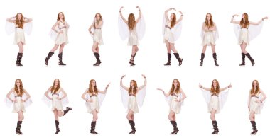 Beyaz tenli, açık renkli, büyüleyici elbiseli güzel bayan.