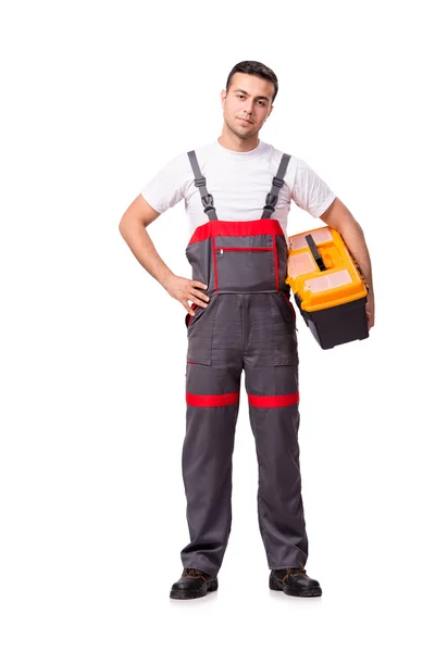 Young man with toolkit toolbox isolated on white — Stock Photo, Image