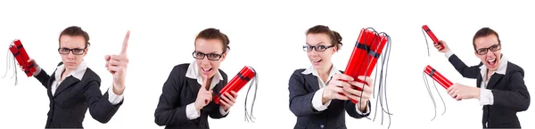 Woman businesswoman with dynamite stick isolated on white — Stock Photo, Image