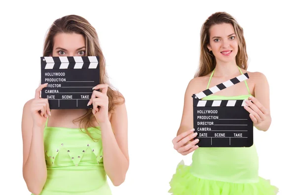 Donna tenendo film clapperboard isolato su bianco — Foto Stock