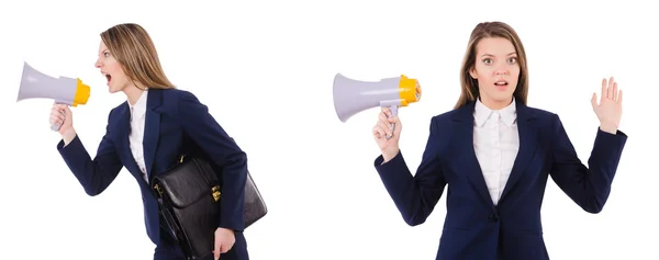 Mujer de negocios con altavoz aislado en blanco — Foto de Stock