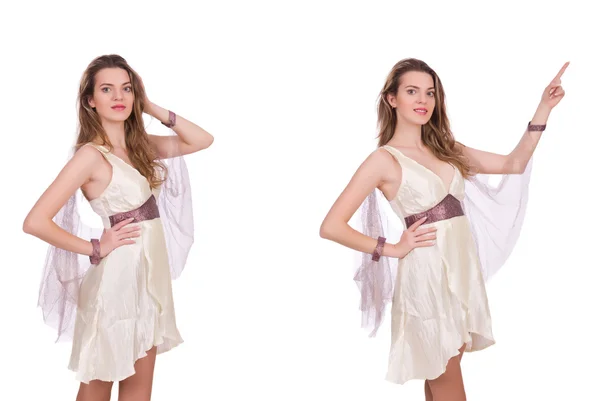 Vacker dam i ljus charmig klänning isolerad på vit — Stockfoto