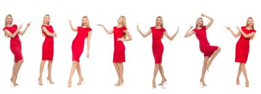 Kırmızı elbiseli kadın beyaz giyindi.