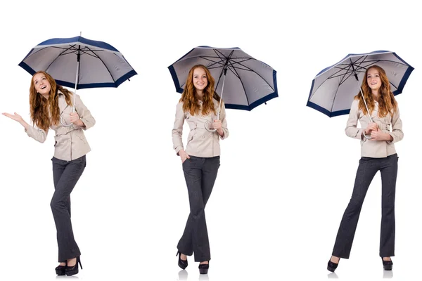 Young woman with umbrella isolated on white — Stock Photo, Image