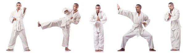 Collage van karate speler in kimono geïsoleerd op wit — Stockfoto