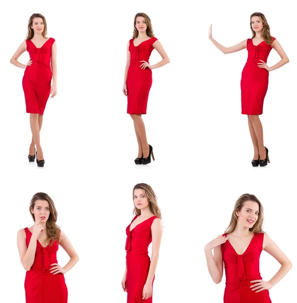 Young woman in red dress isolated on white — Stock Photo, Image