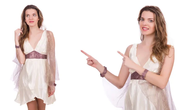 Wanita cantik dalam gaun menawan terang terisolasi di atas putih — Stok Foto